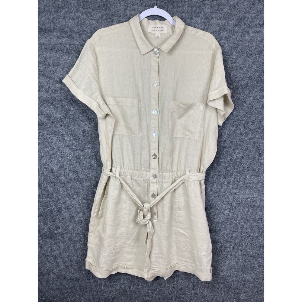 Anthropologie Cloth & Stone Linen Romper Tie‎ Waist Rolled Hem SZ XL